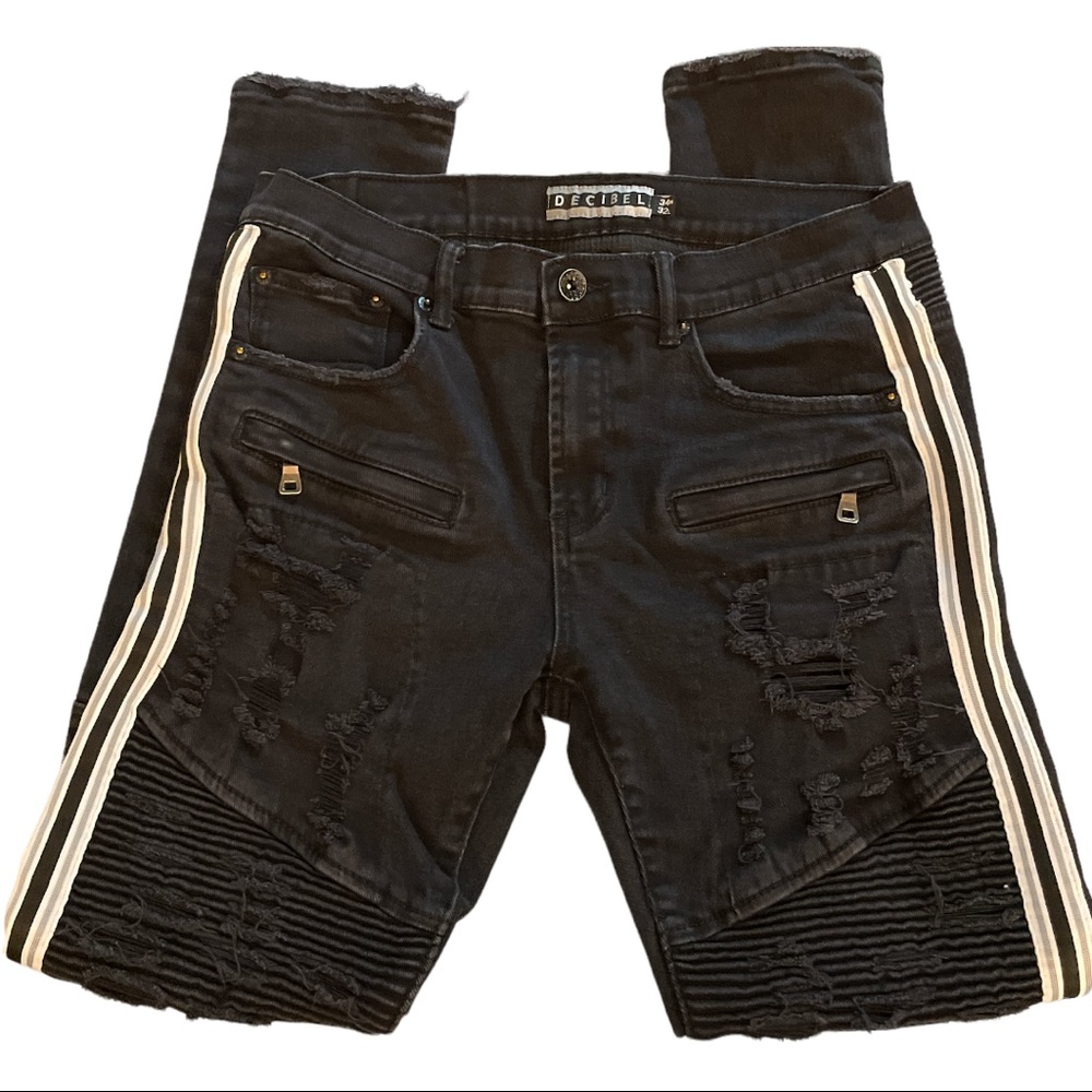 Decibel jeans black distressed moto mariachi style racing stripes down the sides
